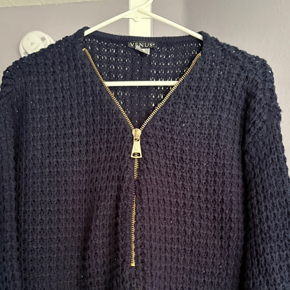 VENUS Navy V-Neck Sweater with Gold Zipper - Picture 3 of 4